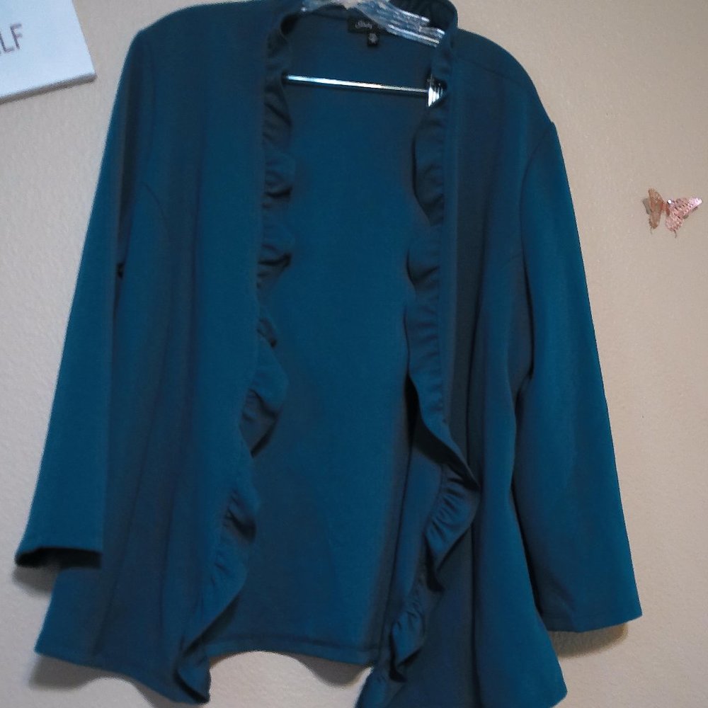Open Front Lightweight Ruffle Trim Teal Blazer SZ XL by Slinky Brand